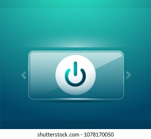 Botón de inicio de energía azul efecto transparente de cristal, icono desactivado, interfaz de usuario vectorial o diseño de símbolo de aplicación. Ilustración del vector