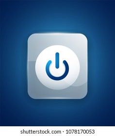 Glass transparent effect blue power start button, on off icon, vector UI or app symbol design. Vector illustration