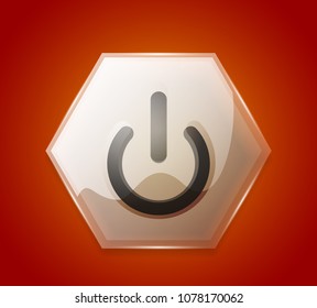 Botón de inicio de energía naranja transparente de efecto de cristal, icono desactivado, interfaz de usuario vectorial o diseño de símbolo de aplicación. Ilustración del vector