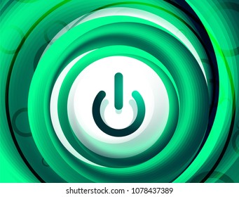 Glass transparent effect power start button with blue swirl design effect, on off icon, vector UI or app symbol design. Vector illustration