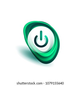 Glass transparent effect power start button with blue swirl design effect, on off icon, vector UI or app symbol design. Vector illustration