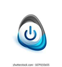 Glass transparent effect power start button with blue swirl design effect, on off icon, vector UI or app symbol design. Vector illustration