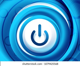 Glass transparent effect power start button with blue swirl design effect, on off icon, vector UI or app symbol design. Vector illustration