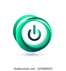 Glass transparent effect power start button with blue swirl design effect, on off icon, vector UI or app symbol design. Vector illustration