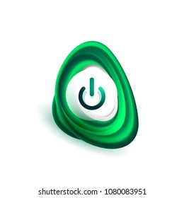 Glass transparent effect power start button with blue swirl design effect, on off icon, vector UI or app symbol design. Vector illustration