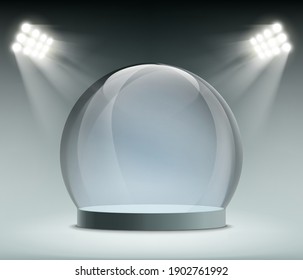 Glass transparent empty dome illuminated by spotlights. Vector template