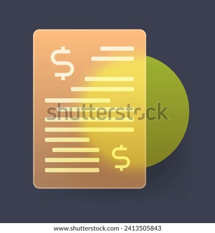 Glass transparent financial document icon. Taxes glass morphism style illustration