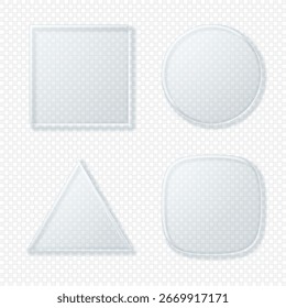Glas transparente geometrische Design-Elemente Kreis, Quadrat, Dreieck und Quadrat einzeln auf hellem Hintergrund. 3D-Vektorgrafik.