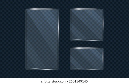 Glass transparent geometric shape frame shining glare set, Glass overlay texture square and panel, Plastic samples glass mirror, Vector illustration.