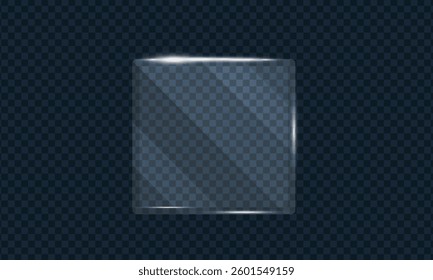 Glass transparent geometric shape frame shining glare set, Glass overlay texture square and panel, Plastic samples glass mirror, Vector illustration.