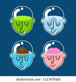 Glass transparent head set. Shit and fish. Brain and water. Vector illustration