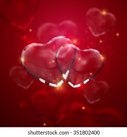 Glass transparent heart couple with sparkles. . Vector holiday illustration. Valentines Day symbol
