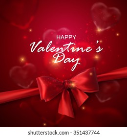 Glass transparent hearts with sparkles, red bow and ribbon. Vector holiday illustration. Valentines Day banner