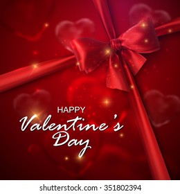 Glass transparent hearts with sparkles, red bow and ribbon. Vector holiday illustration. Happy Valentines Day 