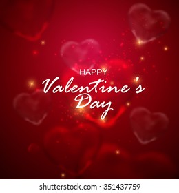 Glass transparent hearts with sparkles. Vector holiday illustration. Valentines Day postcard