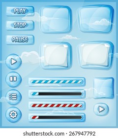 Iconos Transparentes De Vidrio Para El Juego Ui/
Ilustración de un conjunto de dibujos animados ui cristal y cristal ver a través de elementos brillantes, incluyendo banners, signos, botones, barra de carga e icono de aplicación para tablet pc