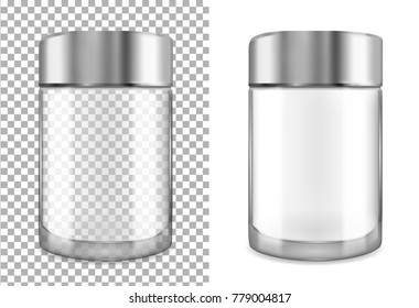Glass transparent jar with black cap. Packaging for cosmetics.
