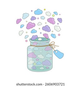 Glass transparent jar with colorful clouds and confetti flying out of it, on white background, on jar brown string with label without text. Postcard, sticker for good and dream mood.