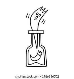 Glass transparent jar with cute ghosts. Funny ghosts with round eyes are drawn in a cartoon style. Hand-drawn vector illustration in the doodle style. Halloween and magic theme. For stickers, cards.