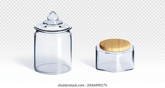 Frasco transparente de vidrio con tapa de madera. Conjunto de ilustración vectorial realista de contenedor de cocina de plástico en blanco transparente. Plantilla de embalaje de alimentos. Utensilios de cocina redondos para el almacenamiento de productos.