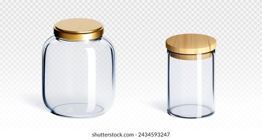 Glass transparent low and high jar mockup closed with wooden and metal cap. Realistic vector set of blank plastic kitchen container for product storage. Round kitchenware and food packaging template.