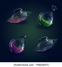A glass transparent magic bottle. A vessel with a mysterious potion.Vector alchemy bottles with witchery ingredients. Game icon of magic elixir.