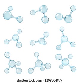 Glass transparent molecules model. Reflective and refractive abstract molecular shape isolated on white background. Vector illustration