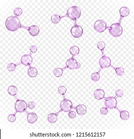 Glass transparent molecules model. Reflective and refractive abstract molecular shape isolated on transparent background. Vector illustration