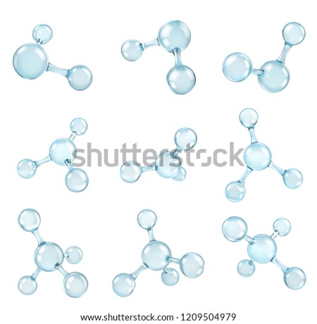 Glass transparent molecules model. Reflective and refractive abstract molecular shape isolated on white background. Vector illustration