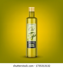 Glass Transparent Olive Oil Bottle Mockup Isolated. Green Olive Oil Package Design. Vector 3d Illustration