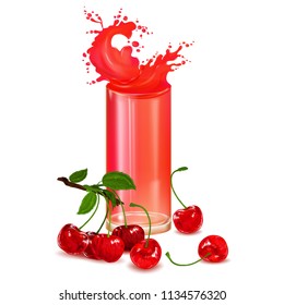 Glass transparent glass on white background with juice. Cherry. Bunch of cherries. Cherry Juice in the Glass.