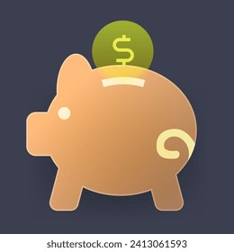 Glass transparent piggy bank with coin. Money box glassmorphism style illustration