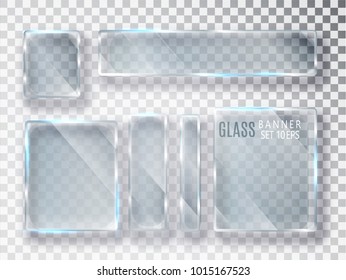 Glass transparent plates set. Vector glass modern banners isolated on transparent background. Flat glass. Realistic 3D design. Vector transparent object 10 eps