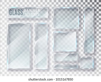 Glass transparent plates set. Vector glass modern banners isolated on transparent background. Flat glass. Realistic 3D design. Vector transparent object 10 eps
