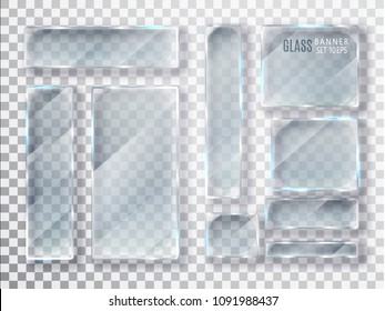 Glass transparent plates set. Vector glass modern banners isolated on transparent background. Flat glass. Realistic 3D design. Vector transparent object 10 eps