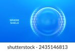 Glass transparent protection sphere shield. Sphere shield with hexagon pattern on blue background. Bubble shield in the form of a force energy field. Protection and safety concept. Vector illustration