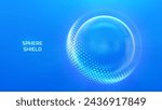 Glass transparent protection sphere shield. Sphere shield with hexagon pattern on blue background. Bubble shield in the form of a force energy field. Protection and safety concept. Vector illustration