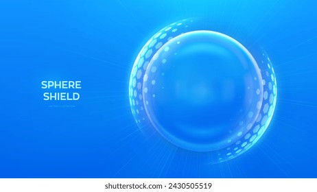 Glass transparent protection sphere shield. Sphere shield with hexagon pattern on blue background. Bubble shield in the form of a force energy field. Protection and safety concept. Vector illustration