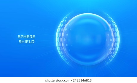 Glass transparent protection sphere shield. Sphere shield with hexagon pattern on blue background. Bubble shield in the form of a force energy field. Protection and safety concept. Vector illustration