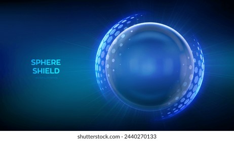 Glass transparent protection sphere shield. Sphere shield with hexagon pattern on blue background. Bubble shield in the form of a force energy field. Protection and safety concept. Vector illustration