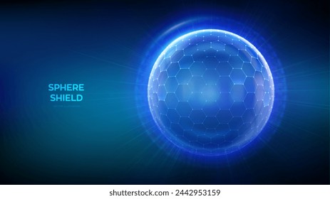 Glass transparent protection sphere shield. Sphere shield with hexagon pattern on blue background. Bubble shield in the form of a force energy field. Protection and safety concept. Vector illustration