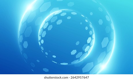 Glass transparent protection sphere shield. Sphere shield with hexagon pattern on blue background. Modern tech futuristic of bubble dome shield sphere with hexagon halftone pattern.