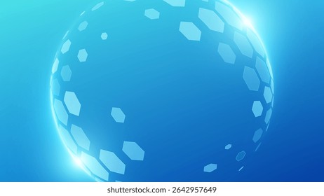 Glass transparent protection sphere shield. Sphere shield with hexagon pattern on blue background. Modern tech futuristic of bubble dome shield sphere with hexagon halftone pattern.