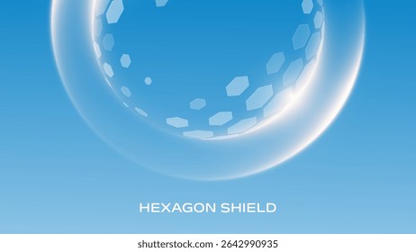 Glass transparent protection sphere shield. Sphere shield with hexagon pattern on blue background. Modern tech futuristic of bubble dome shield sphere with hexagon halftone pattern.
