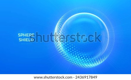 Glass transparent protection sphere shield. Sphere shield with hexagon pattern on blue background. Bubble shield in the form of a force energy field. Protection and safety concept. Vector illustration