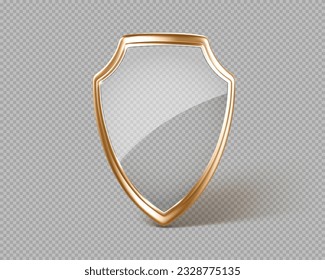 Glass transparent protective shield with golden frame. Protection or privacy concept. Vector 3d illustration