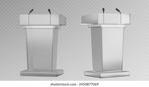 Glass transparent pulpit with microphone for speech or conference concept. Realistic 3d vector illustration set of lecture podium mockup for debate or press conference. Tribune or rostrum stand.