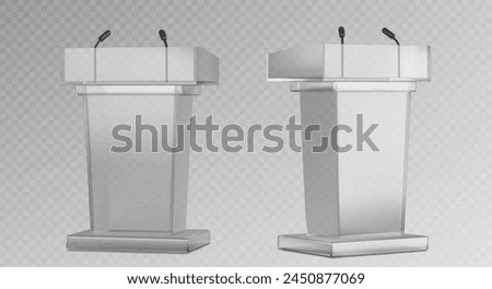 Glass transparent pulpit with microphone for speech or conference concept. Realistic 3d vector illustration set of lecture podium mockup for debate or press conference. Tribune or rostrum stand.