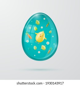 Glass transparent realistic Easter egg with chickens and flowers. Vector illustration.