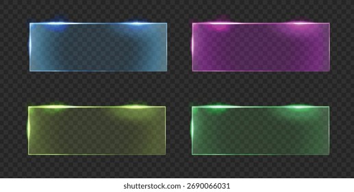 Glas transparentes Rechteck Rahmen lumineszierend. Futuristische glühende neon-Rand-Kollektion, abstraktes Spiel glänzend Label Design lila, blau, gelb, grüne Glüheffekte Effekt. Vektorgrafik.